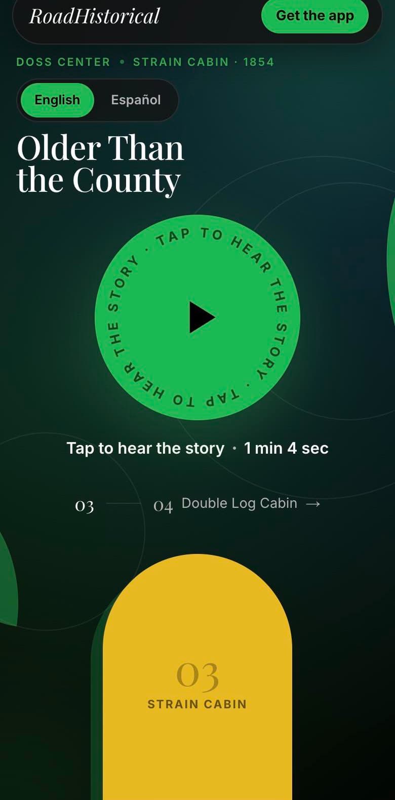 The Strain Cabin listen page on a phone, with a large Tap to hear the story button