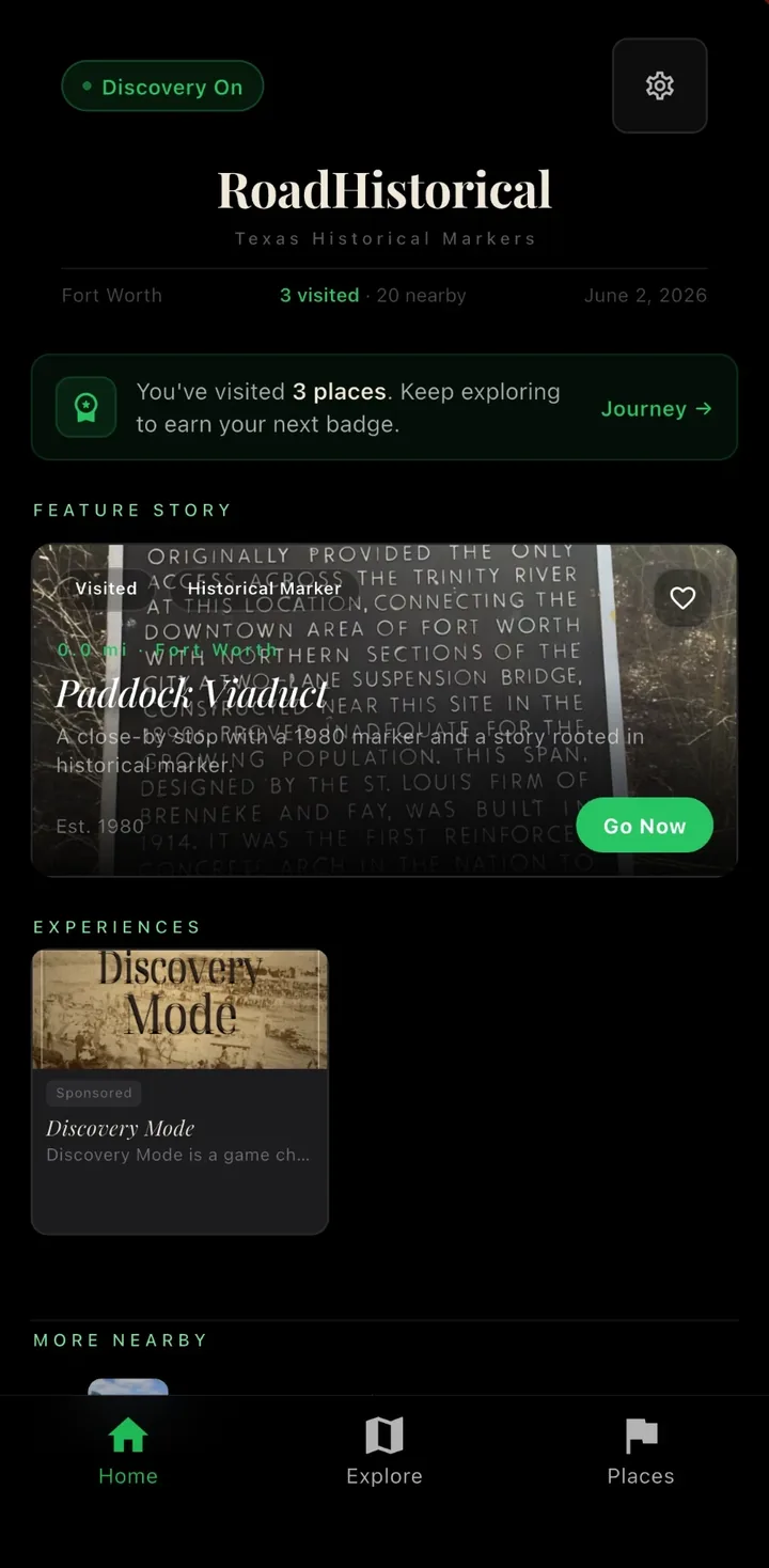 RoadHistorical home screen with Discovery Mode on and a featured story