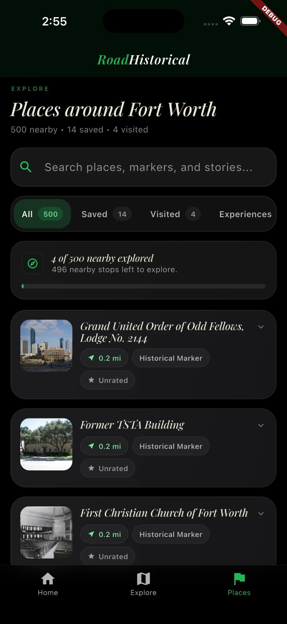 RoadHistorical app showing nearby historical markers