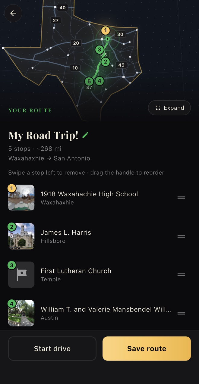 RoadTrip Creator crafting a route across a map of Texas