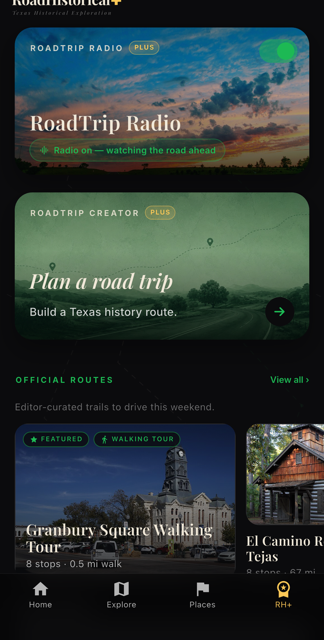 RoadTrip Radio switched on in the RoadHistorical+ hub, watching the road ahead