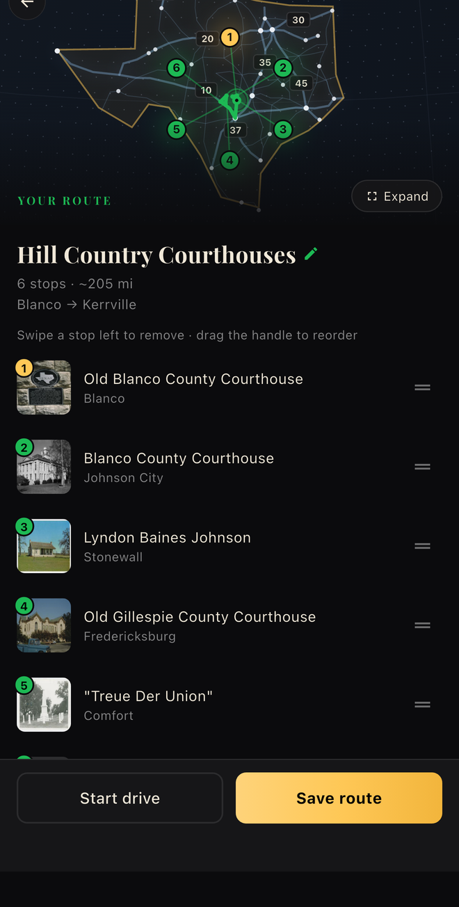 A saved Hill Country Courthouses route with six numbered stops