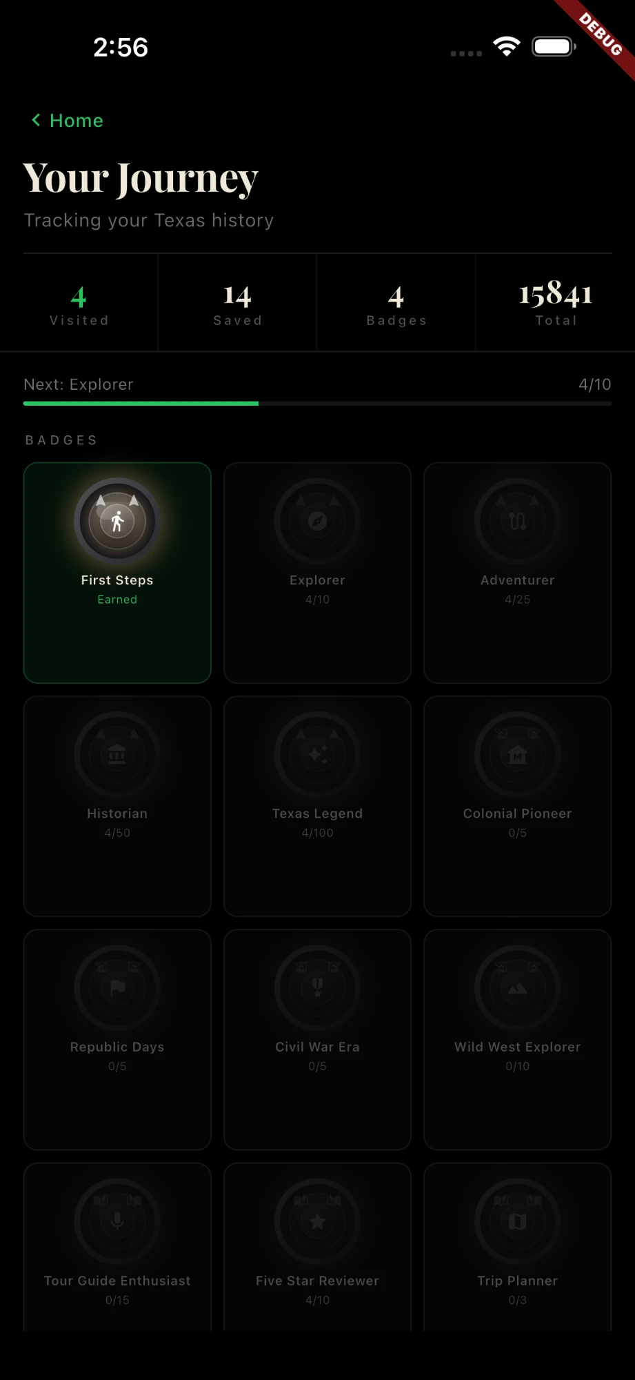 RoadHistorical journey screen showing earned badges