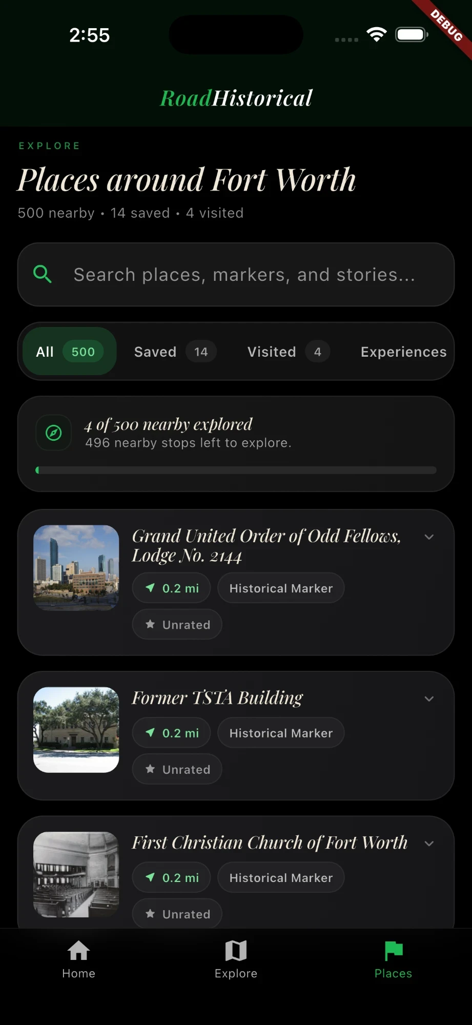 RoadHistorical explore list showing markers sorted by distance