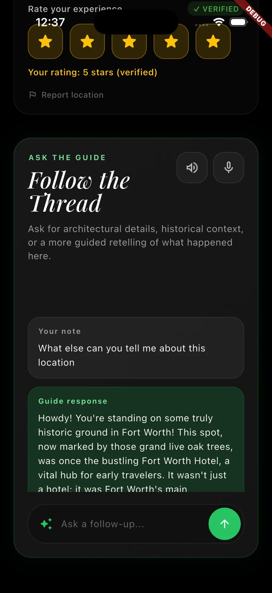 RoadHistorical AI Guide chat answering a question about a historical marker