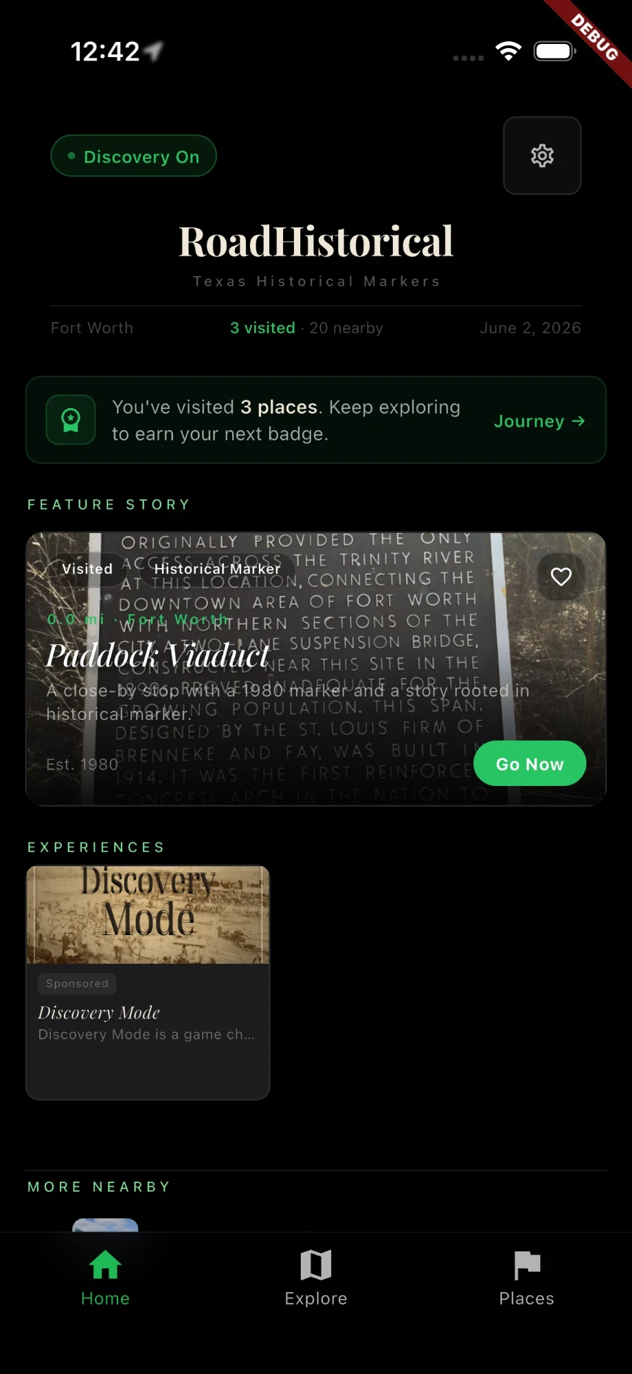 RoadHistorical home feed showing a featured story and nearby markers